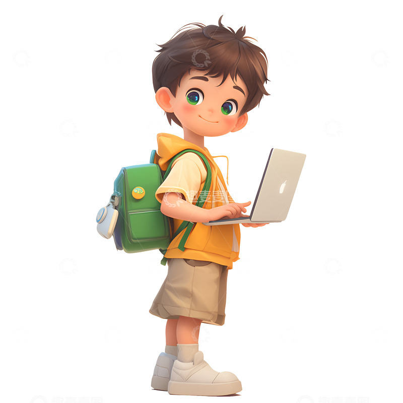 高清大图下载【趣麦麦图】卡通拿着电脑学习的小孩