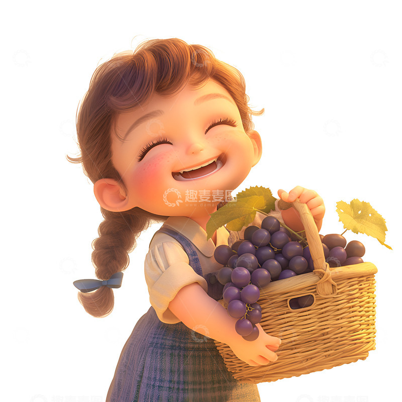 高清大图下载【趣麦麦图】卡通抱着一篮子葡萄的女孩