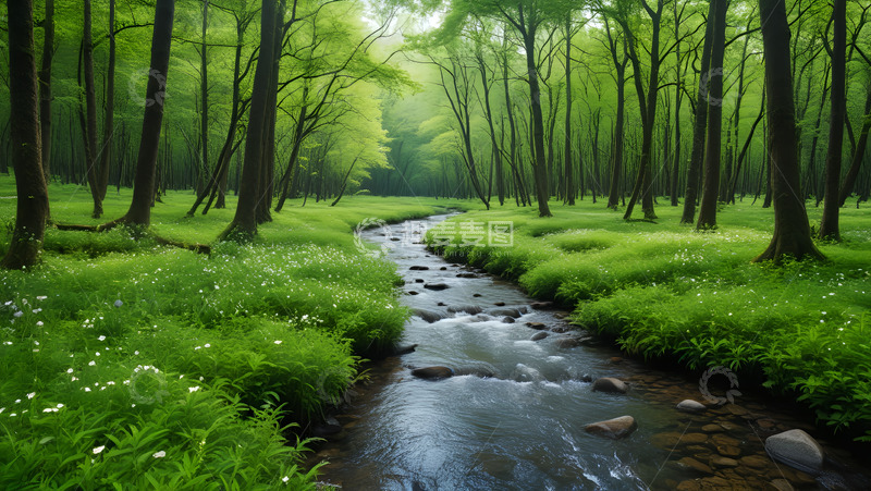 高清大图下载【趣麦麦图】春花小溪森林绿