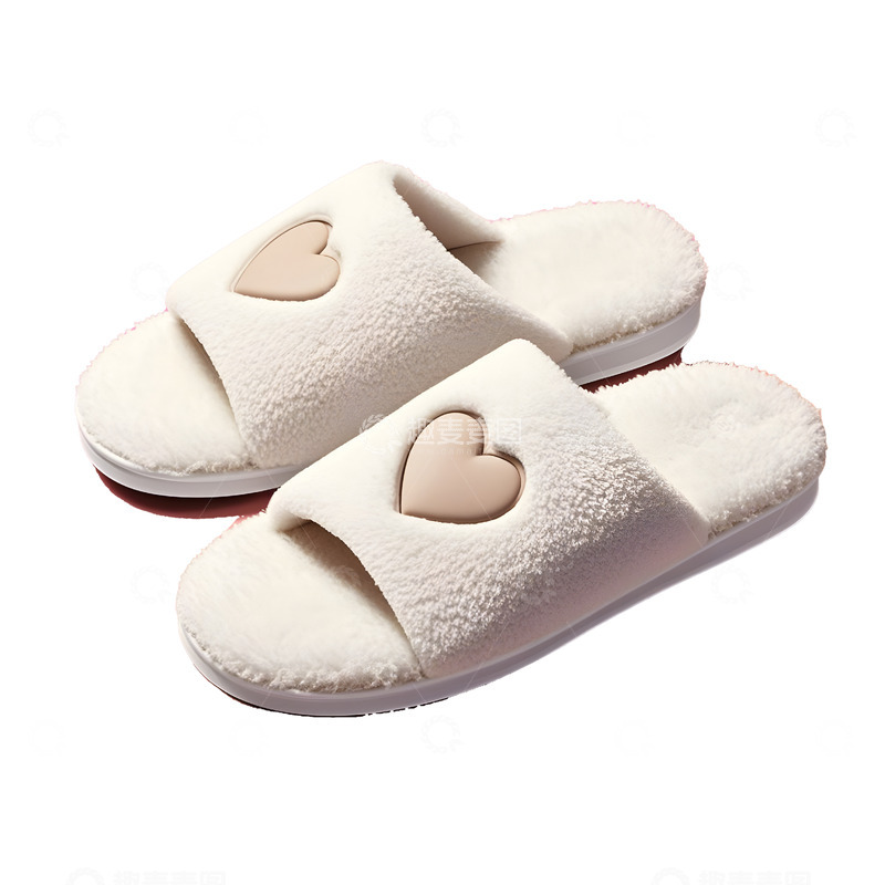 高清大图下载【趣麦麦图】白色毛绒拖鞋心形图案温暖家居用品