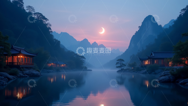 高清大图下载【趣麦麦图】江南水乡月牙夜