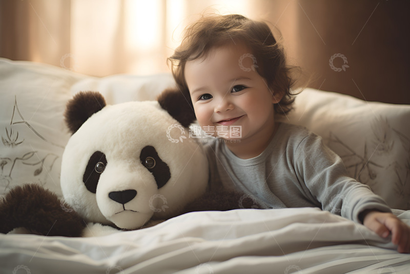 高清大图下载【趣麦麦图】抱着熊猫玩具的幼儿