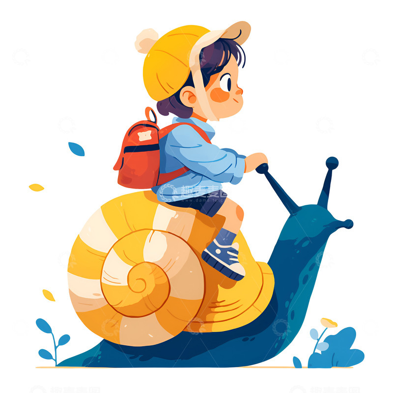 高清大图下载【趣麦麦图】卡通骑着蜗牛去上学