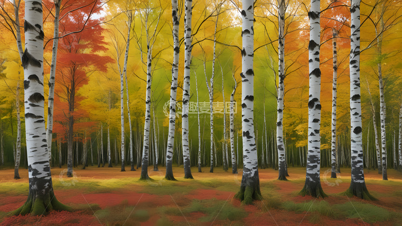 高清大图下载【趣麦麦图】桦树林的金秋