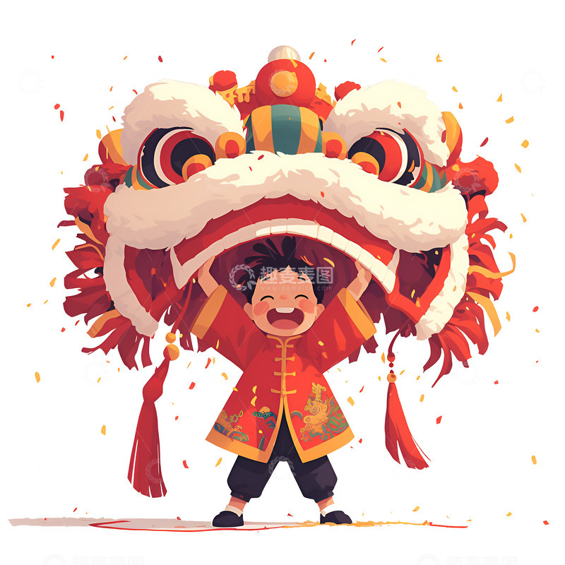 高清大图下载【趣麦麦图】新年舞狮子的小孩