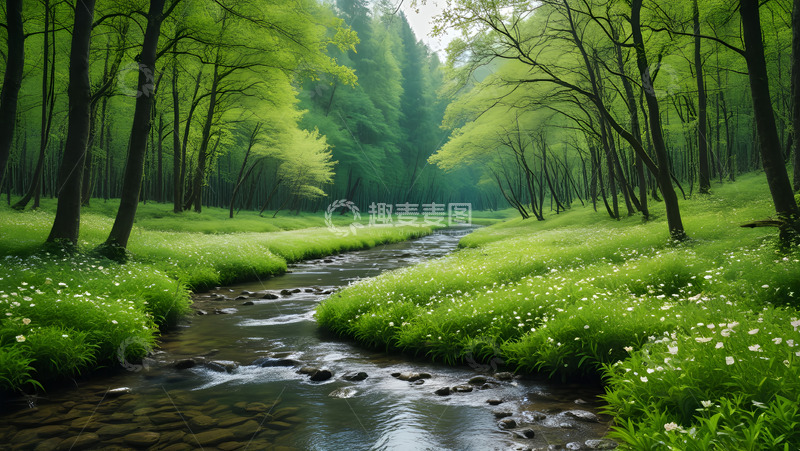 高清大图下载【趣麦麦图】林间春花流水