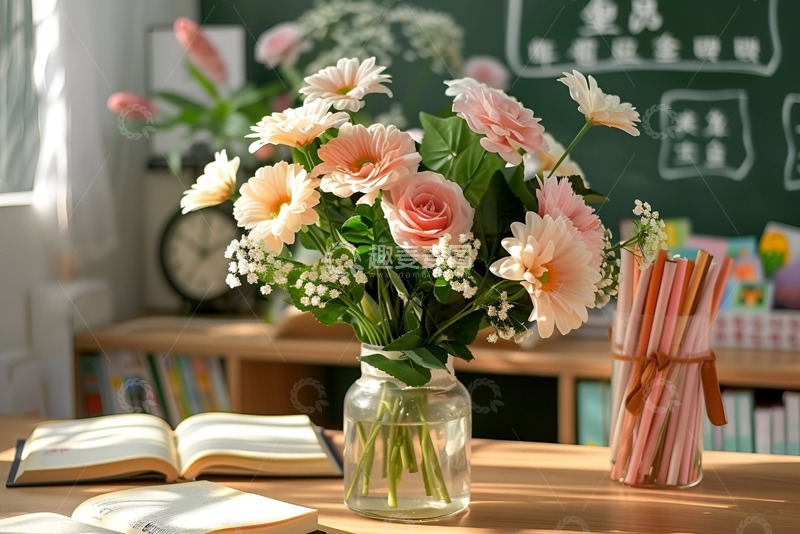 高清大图下载【趣麦麦图】教室桌案上的鲜花