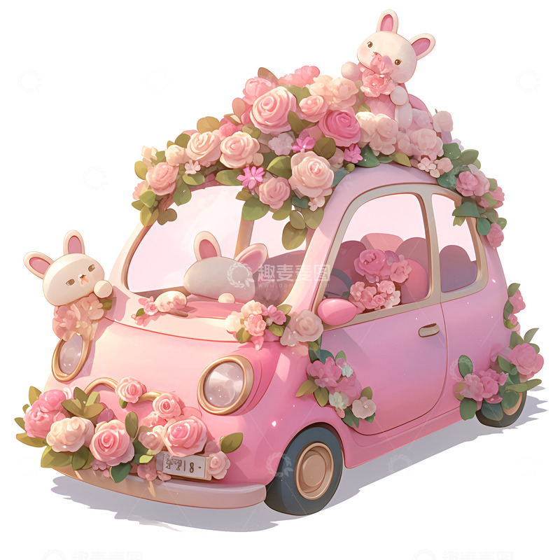 高清大图下载【趣麦麦图】鲜花装饰的粉色汽车