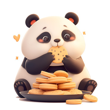 卡通吃饼干的小熊猫