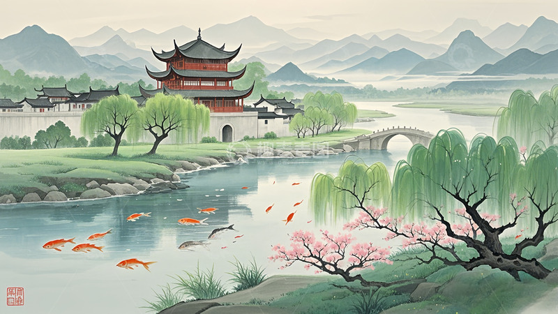 高清大图下载【趣麦麦图】城外锦鲤春花绿