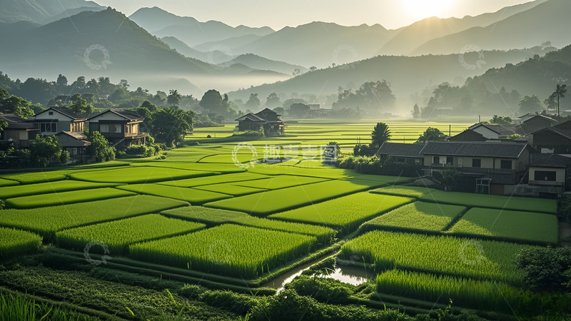 高清大图下载【趣麦麦图】晨曦薄雾水稻田