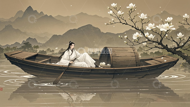 高清大图下载【趣麦麦图】翩翩公子孤舟行