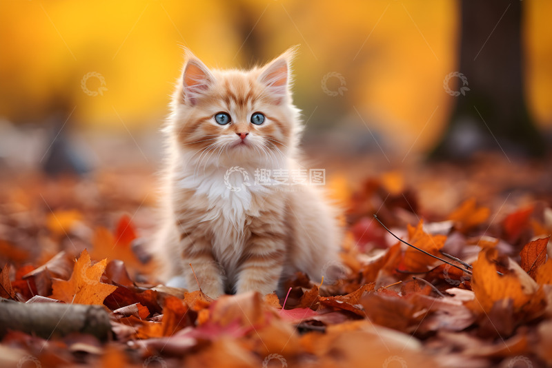 高清大图下载【趣麦麦图】坐在枫叶里的小猫咪