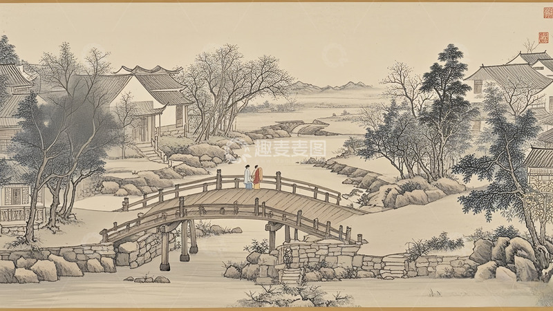高清大图下载【趣麦麦图】渡桥少女水墨图