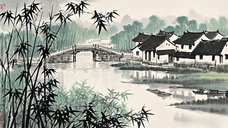 高清大图下载【趣麦麦图】水墨流水小桥图