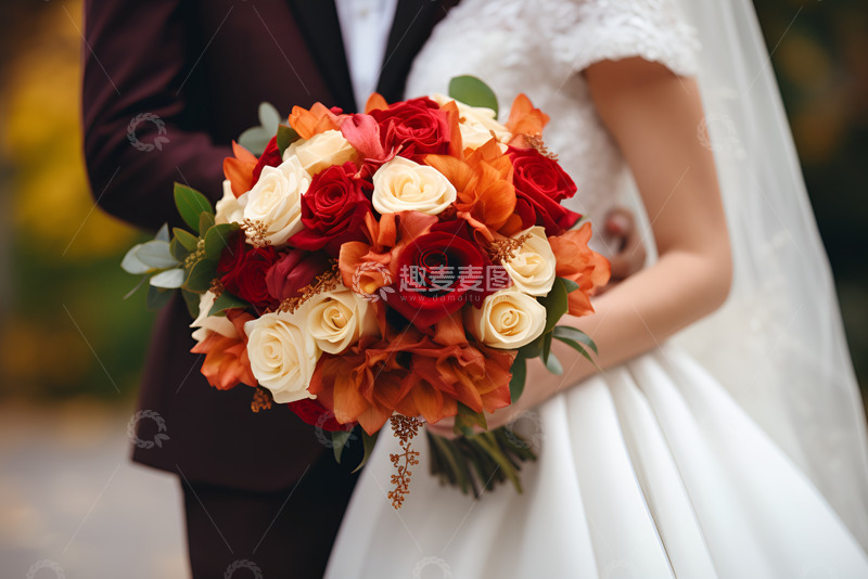高清大图下载【趣麦麦图】拿着捧花的新郎新娘