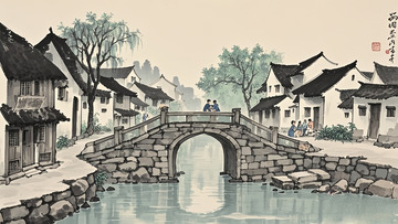 水墨石桥稚童图