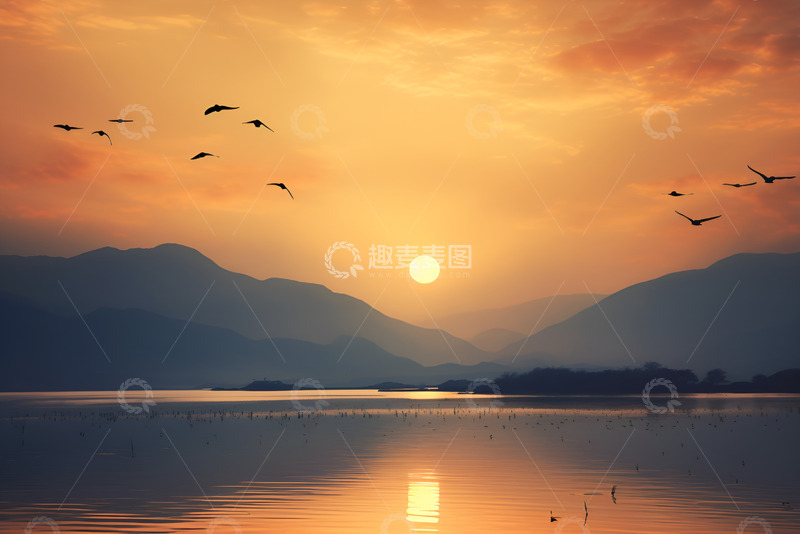高清大图下载【趣麦麦图】黄昏下的落日与孤雁