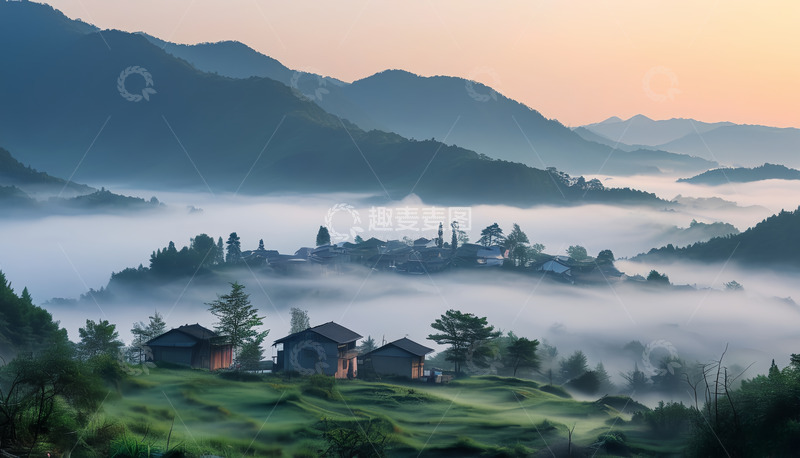 高清大图下载【趣麦麦图】薄雾萦绕农庄