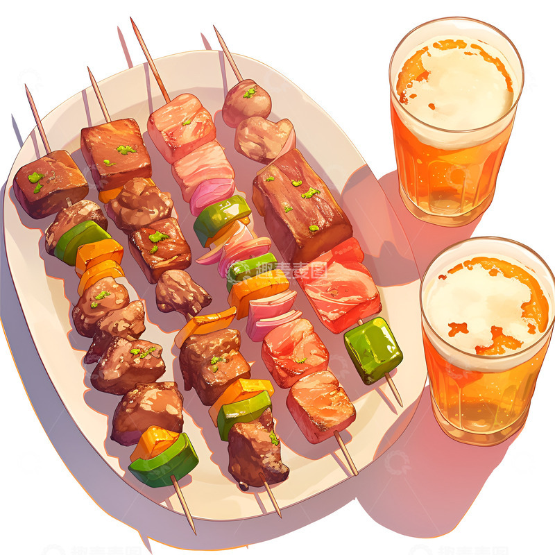 高清大图下载【趣麦麦图】卡通简约烧烤串和啤酒