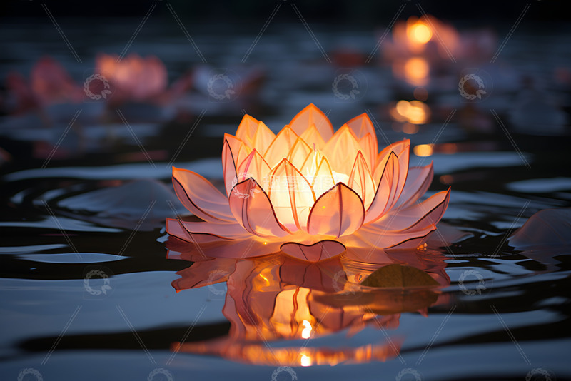 高清大图下载【趣麦麦图】莲花灯飘在河面