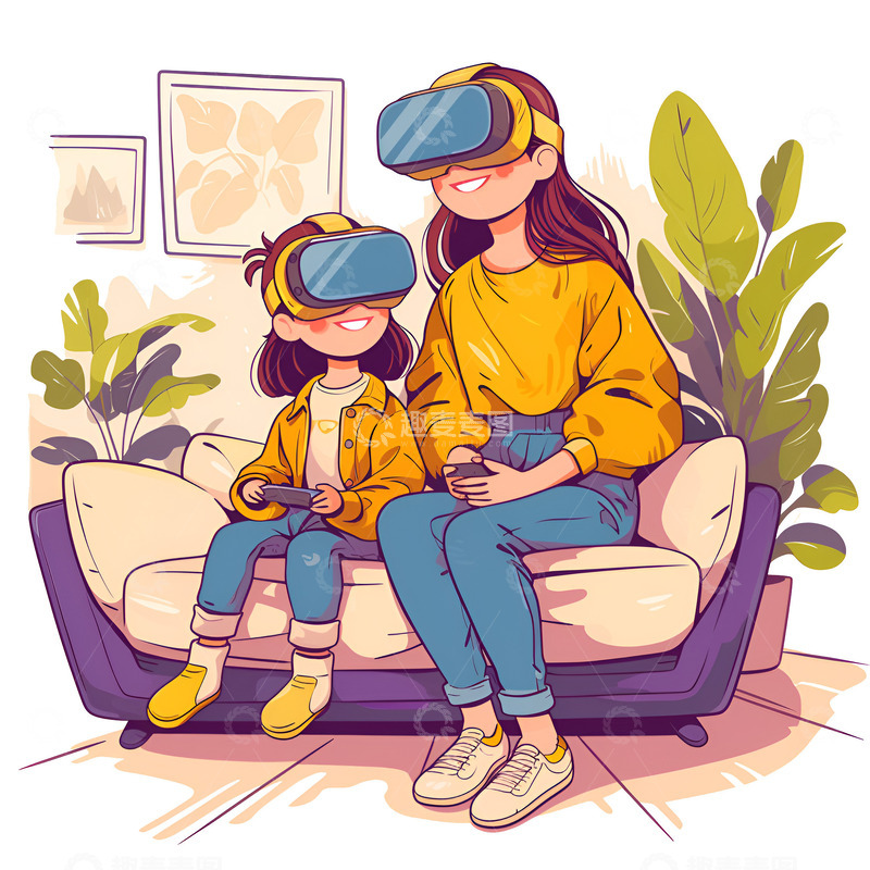 高清大图下载【趣麦麦图】卡通简约带着VR眼镜的女孩们