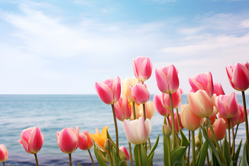 高清大图下载【趣麦麦图】海边盛开的郁金香