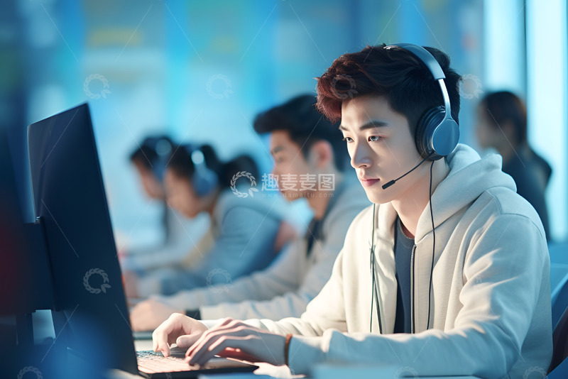 高清大图下载【趣麦麦图】带着耳机学习的大学生