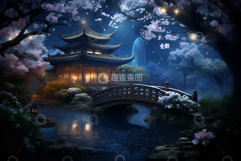 高清大图下载【趣麦麦图】夜晚的凉亭自然美景