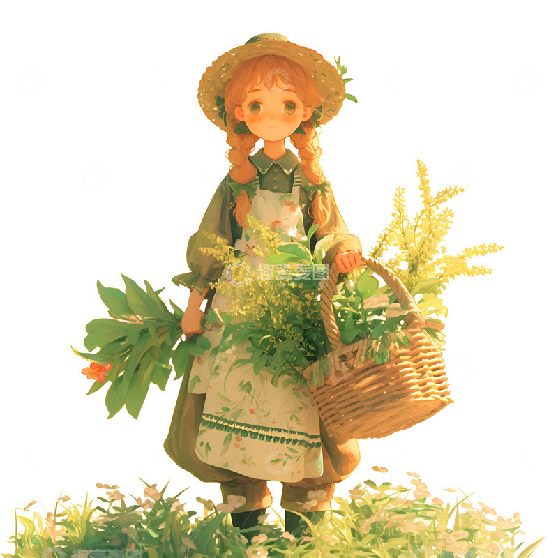 高清大图下载【趣麦麦图】卡通简约采药的女孩