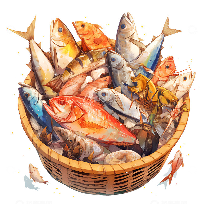 高清大图下载【趣麦麦图】卡通简约一筐新鲜的鱼