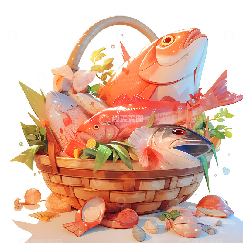 高清大图下载【趣麦麦图】卡通一筐海鱼
