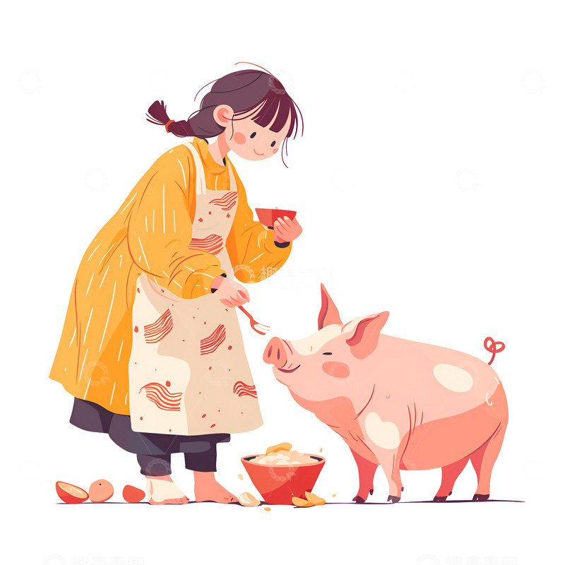 高清大图下载【趣麦麦图】卡通简约喂猪的女孩