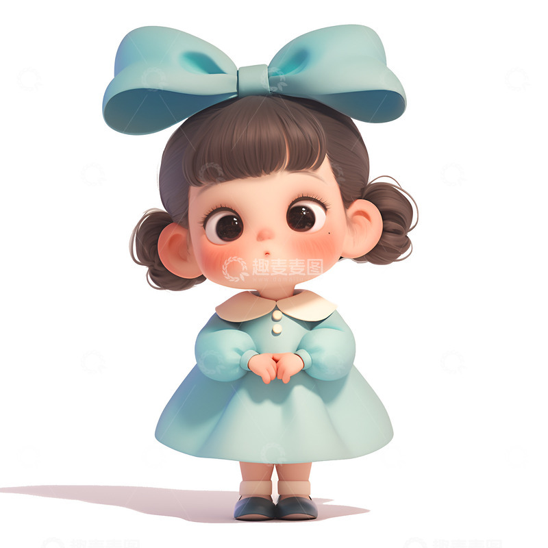 高清大图下载【趣麦麦图】卡通简约绑着蓝色蝴蝶结的女孩
