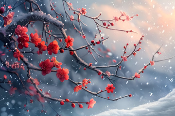 雪中红梅自然风景