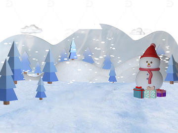 蓝色冬天展台飘雪松树雪人