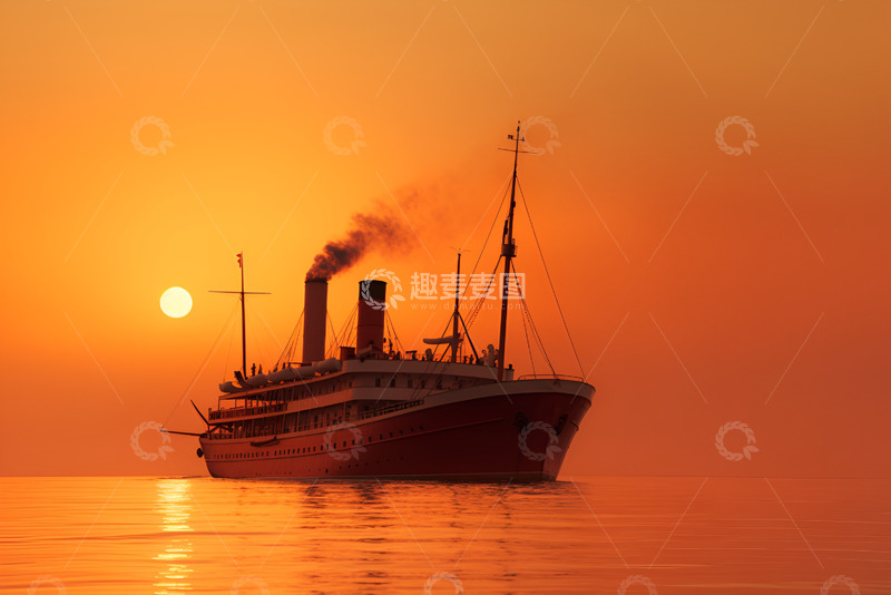 高清大图下载【趣麦麦图】夕阳大海中行驶的轮船