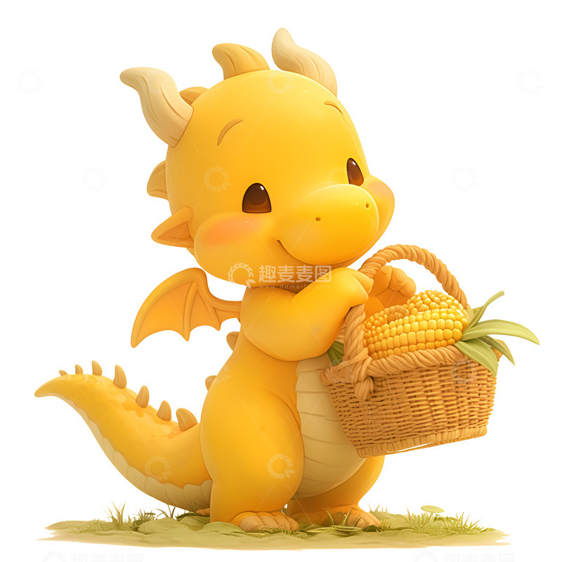 高清大图下载【趣麦麦图】卡通简约恐龙提着一篮子玉米