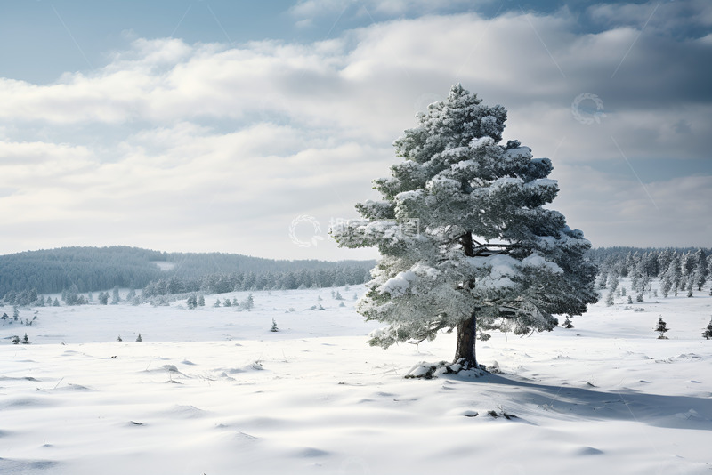 高清大图下载【趣麦麦图】冬季雪地里的一颗松树