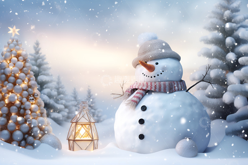 高清大图下载【趣麦麦图】冬季雪地上的雪人