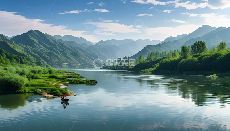 高清大图下载【趣麦麦图】蓝天白云下的河水