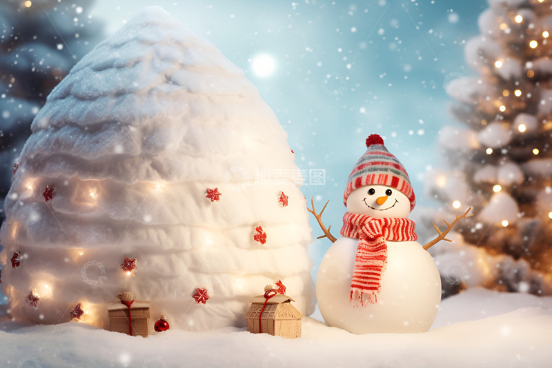 高清大图下载【趣麦麦图】圣诞节雪屋和雪人