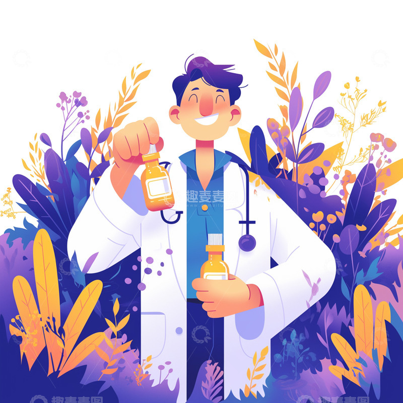 高清大图下载【趣麦麦图】卡通简约拿着药瓶的医生