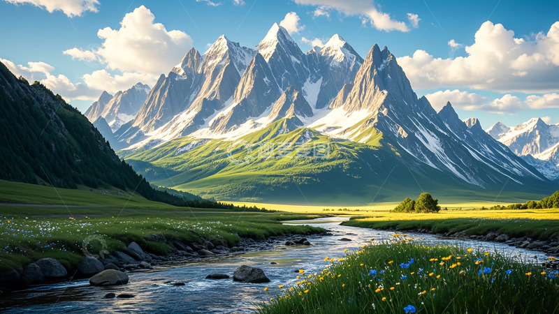 高清大图下载【趣麦麦图】蓝天白云下的小溪