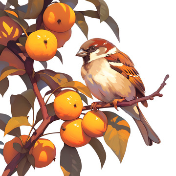 卡通简约杏子树上的麻雀