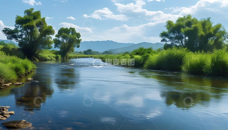 高清大图下载【趣麦麦图】平静的河面白云