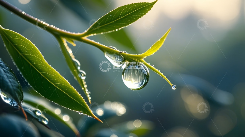 高清大图下载【趣麦麦图】树叶尖尖上的水珠