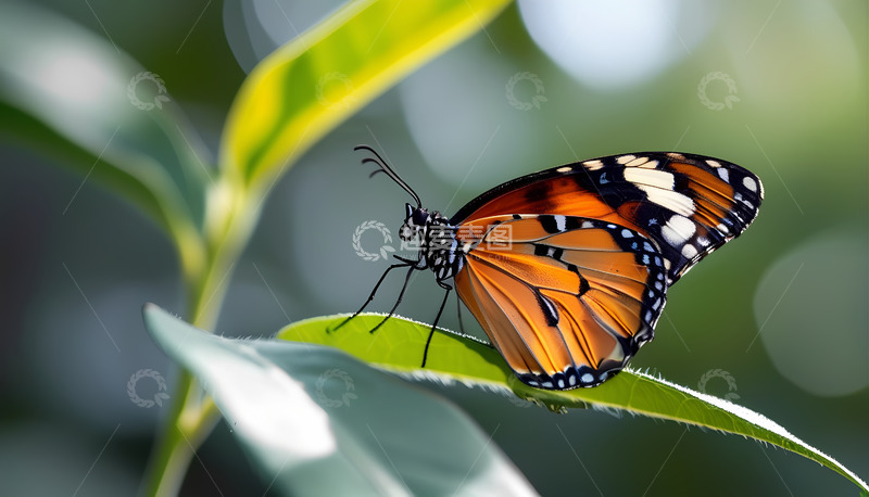 高清大图下载【趣麦麦图】蝴蝶落在树叶上