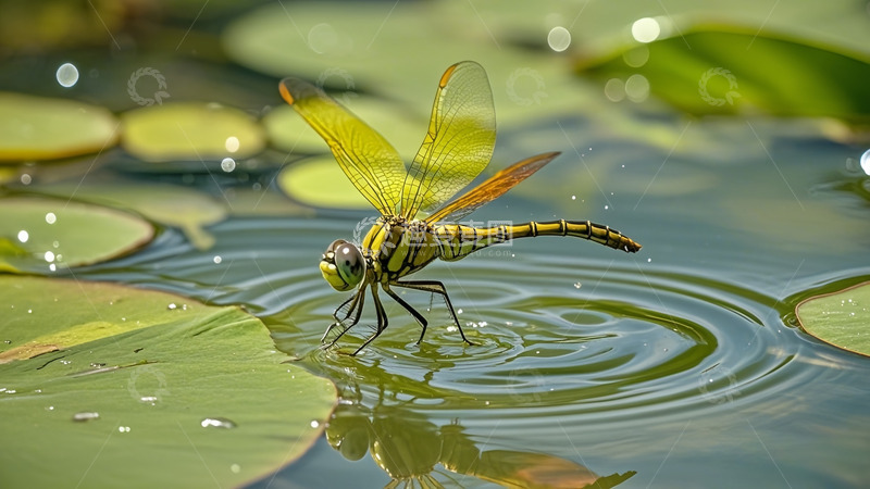 高清大图下载【趣麦麦图】蜻蜓荷叶水面