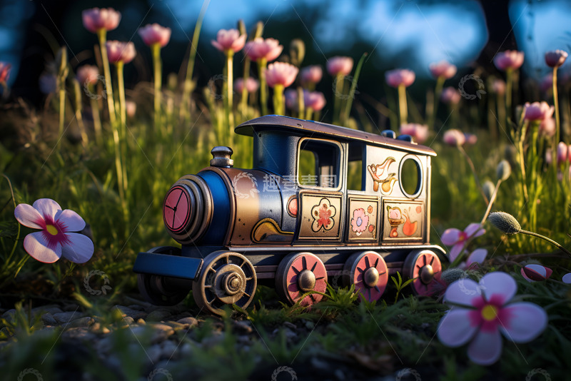 高清大图下载【趣麦麦图】草地上放着一辆小火车玩具